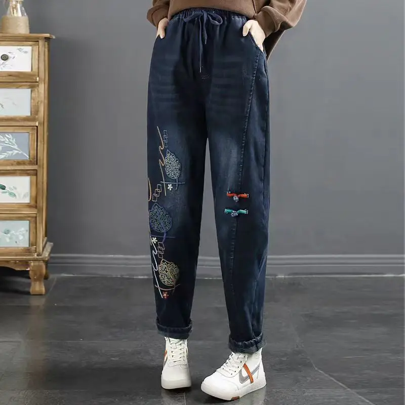 Geborduurde Jeans Dames Jeans Retro Gewatteerde Dames Hoge Taille Warme Losse Casual Jeans Lente Herfst