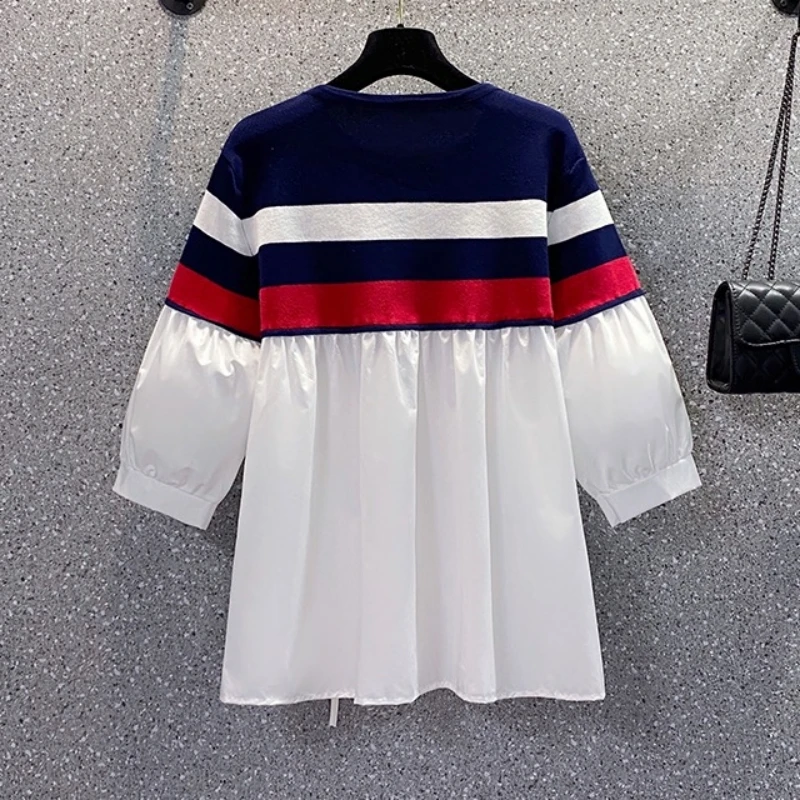 Luxury Brand Design 2024 Summer Knitted Splicing Shirt Knitwear For Women Loose Stripe Tops Vintage Y2k Fashion Clothes