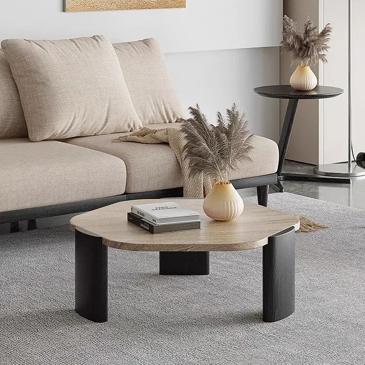 Meja Kopi Batu Granit Kayu Solid untuk Ruang Tamu Rumah Meja Kopi Bundar Meja Samping Marmer