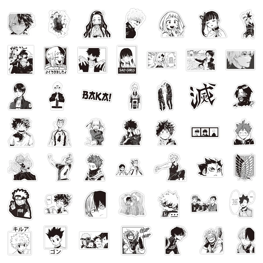 10/30/50/100pcs Mixed Black White Anime Stickers Cool Manga Decals Decoration DIY Water Bottle Phone Notebook Graffiti Sticker