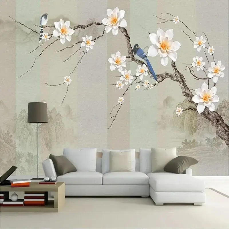 Custom Chinese 3D Style Simple Landscape Flowers Birds Wallpaper Light Luxury Background Wall Murals Living Room Wall Paper Art