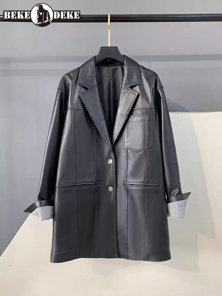 새로운 오피스 레이디스 천연 가죽 캐주얼 수트 재킷 싱글 브레스티드 루즈핏 미디엄 롱 코트 여성 패션 양가죽 블레이저