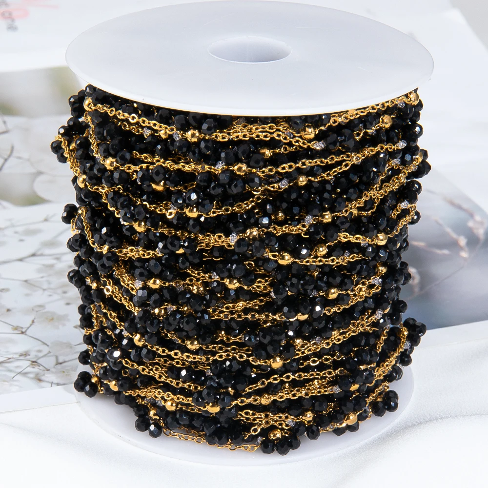 2Meters 1Meter Stainless Steel Black Crystal Flower Chains Natural Stone Beaded Chains for Necklace Earrings DIY Jewelry Making