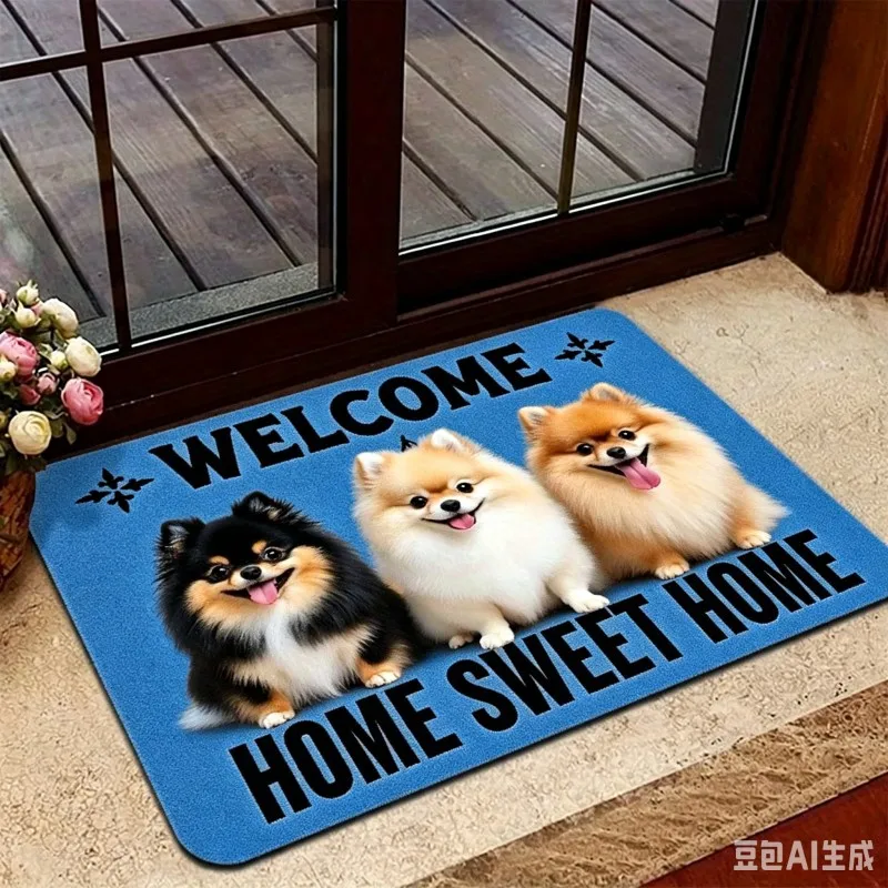 Pomeranian Welcome Home Print Doormat Three Cute Puppies Design Non Slip Floor Mat for Dog Lovers Home
