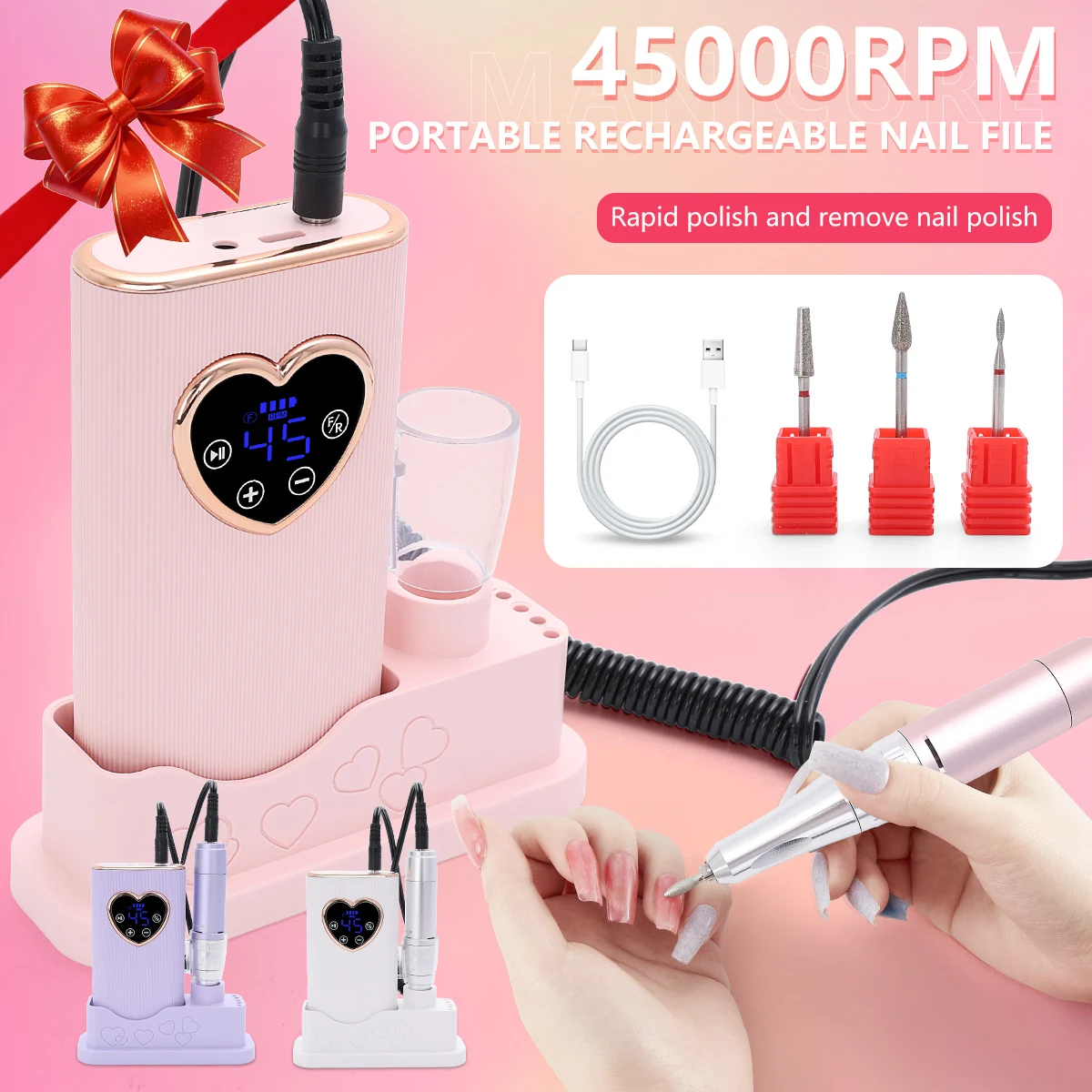 Pulidora de uñas profesional, soporte de banda de pulido profesional para uñas, ajustable a 45 velocidades, regalo de San Valentín.