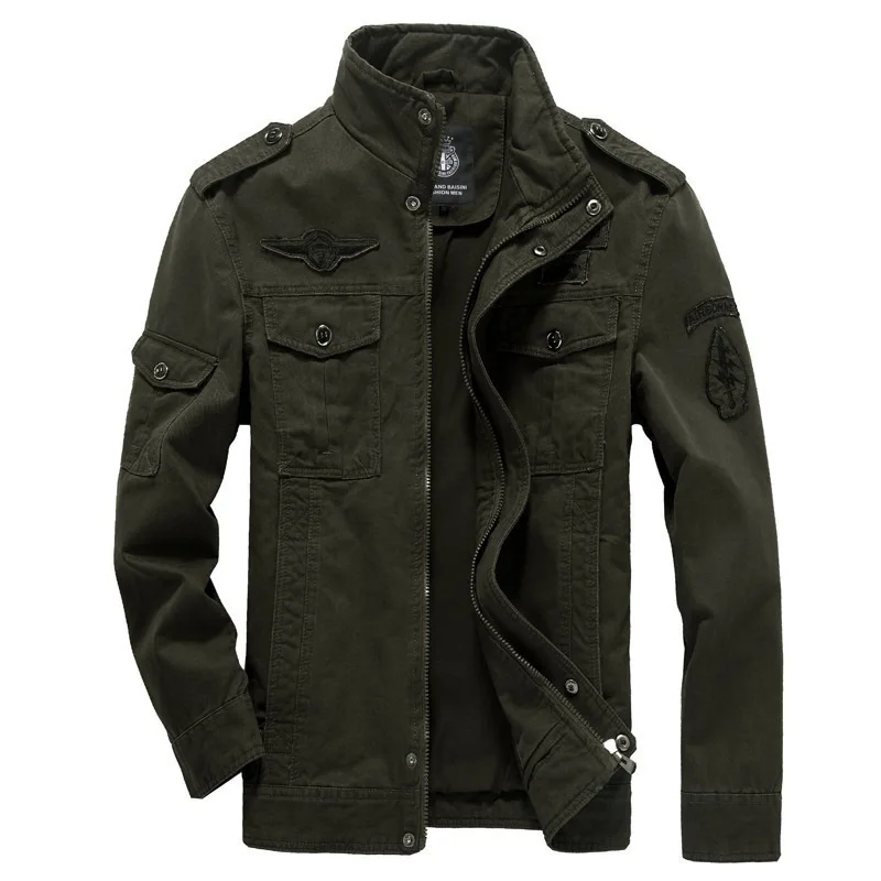 MaiDangDi Male Casual Jacket with Multiple Pockets Embroidered Print Zipper Solid Cotton Washed Work Clothes Men's Coat