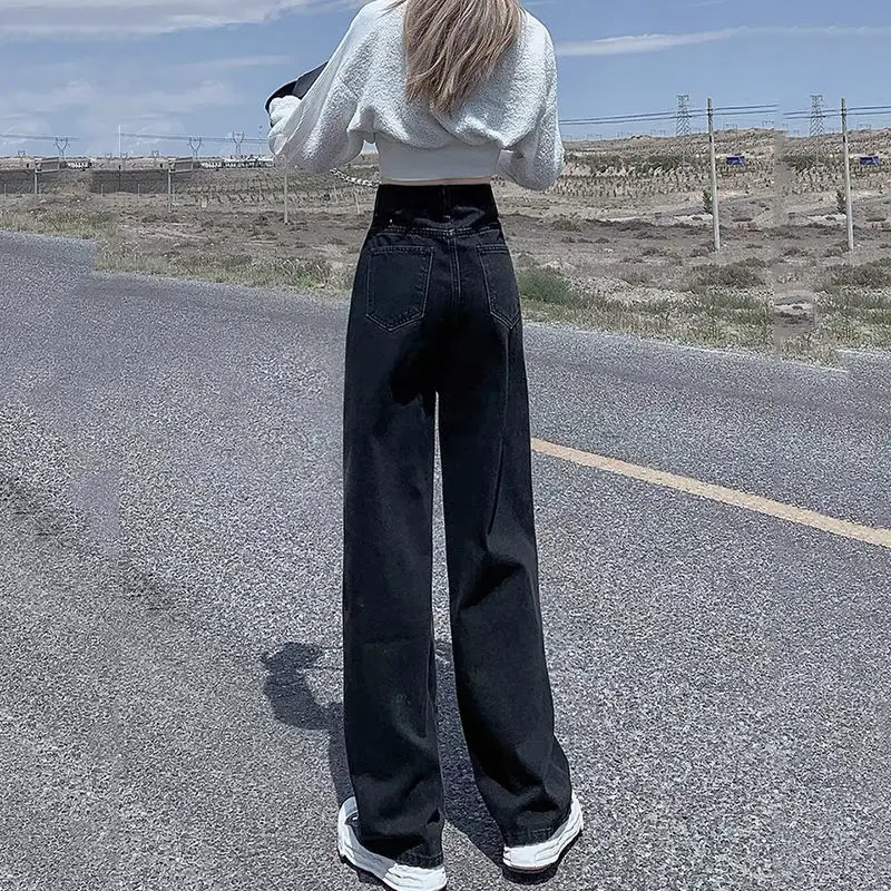 

Black Streetwear Women Jeans High Waist Wide Leg Jeans Straight Loose Slimming Draping Mopping Pants Female Trousers Women Jeans