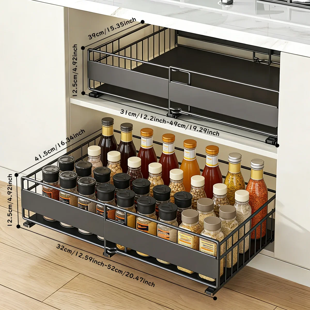 2 pezzi: organizer nero estensibile e regolabile per mobili da cucina, ripiano estraibile per mobili da bagno, non richiede fori, larghezza regolabile.