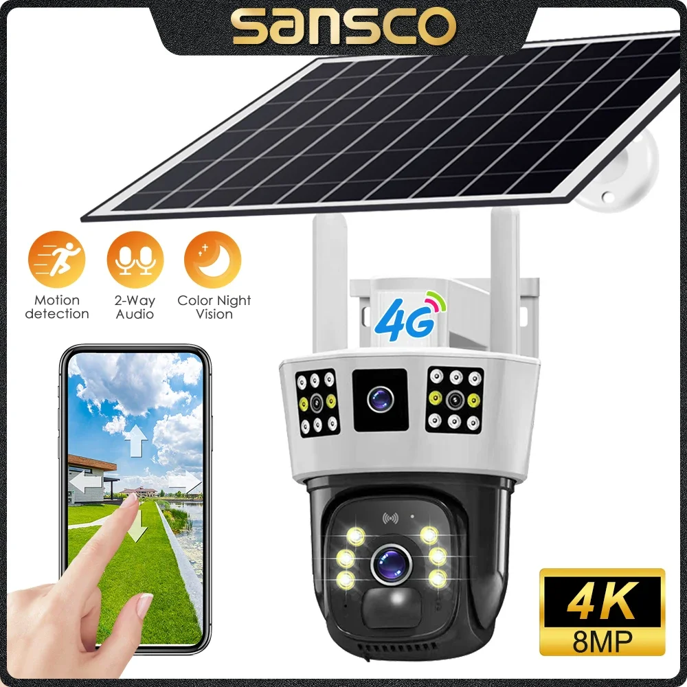 SANSCO 4K 8MP Dual Lens 4G Solar Camera WIFI Dual Screen Battery PIR Motion Detection Outdoor 4MP PTZ Security Camera V380 PRO