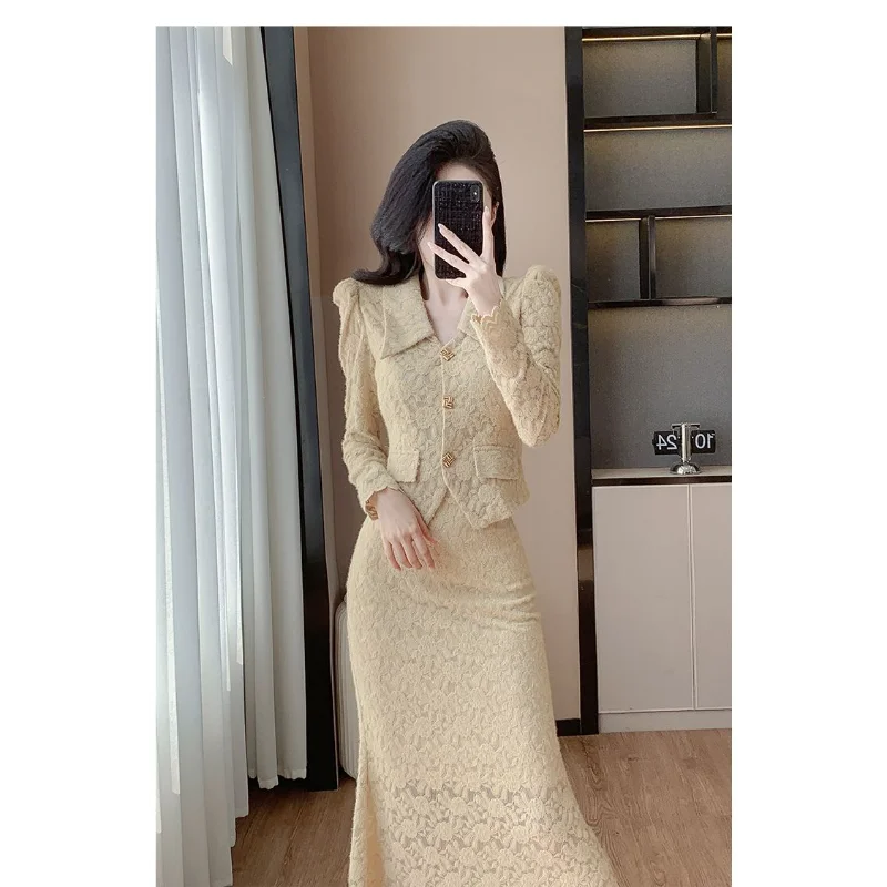 Koronkowy Komplet Modny Nowy Temperament Elegancki Koronkowy Top i Spódnica Wyszczuplający Dwuczęściowy Zestaw