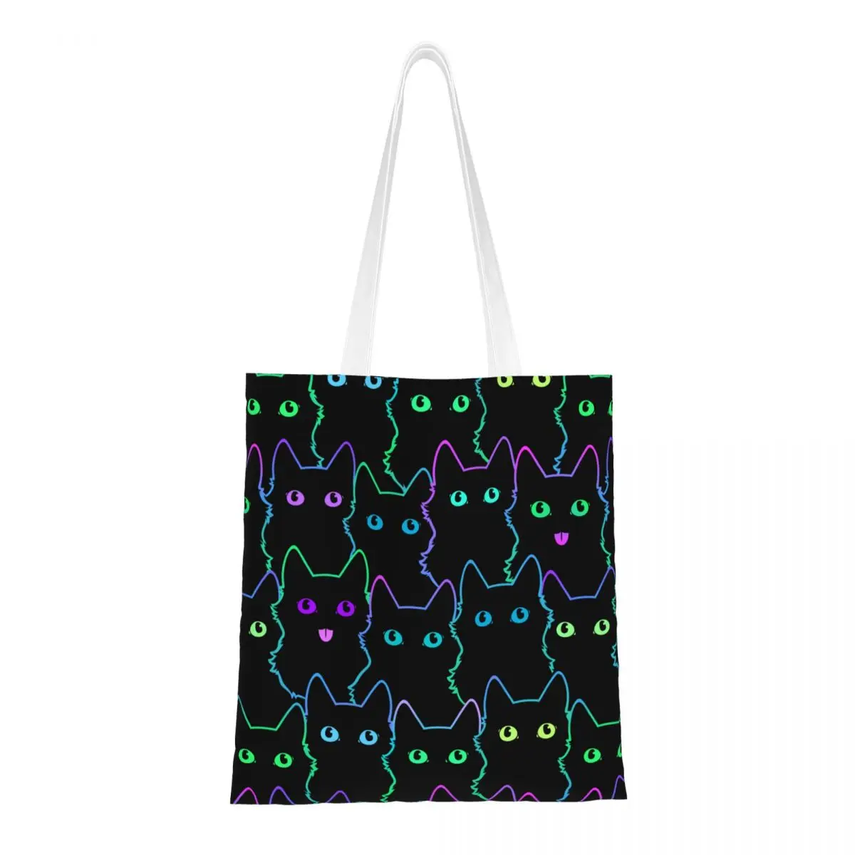 Siluetas de gato coloridas, bolso de mano de lona, bolsos de hombro de gatos negros de dibujos animados, bolsas de compras reutilizables para mujer