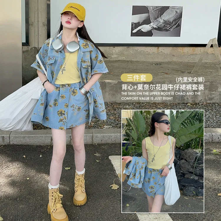 

summer teen girl floral denim shorts sets short sleeved shirt+casual skirt pants 2pcs junior kid jean clothes suit child outfits
