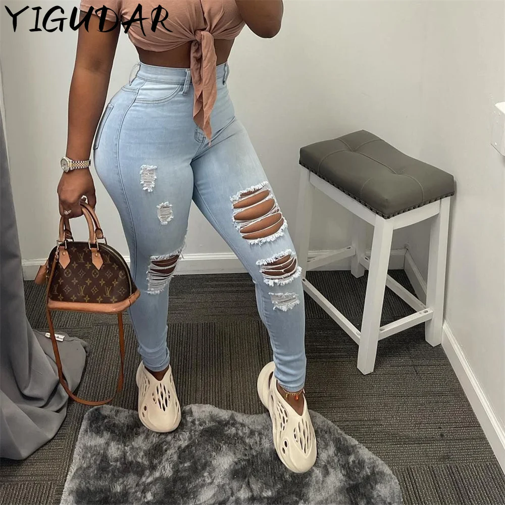 2023 New Women's Denim Trousers Europe and America Ripped Denim Small Foot Pants Tight Fashion Jeans