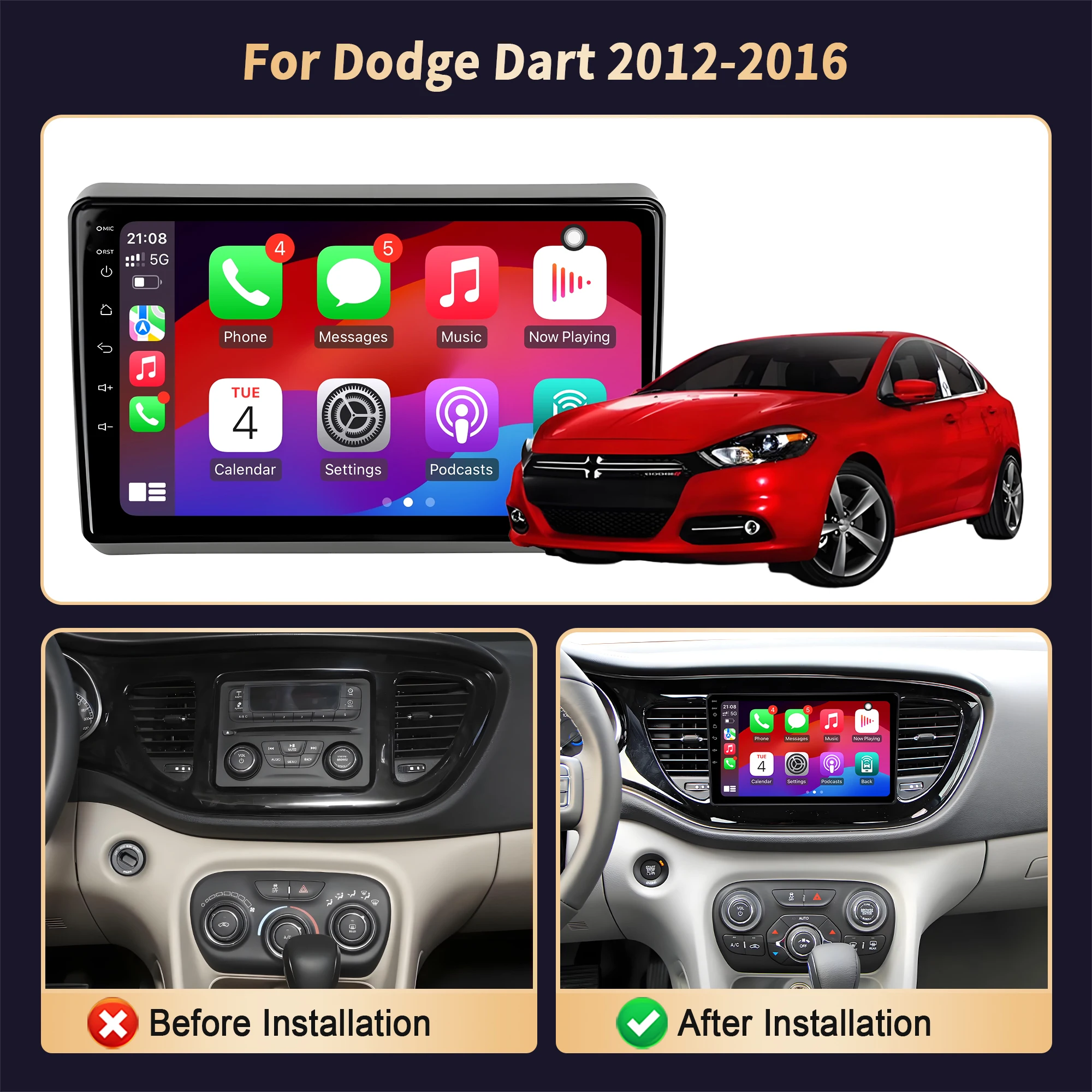 Android 14 For Dodge Dart 2012 - 2016 Car Radio Multimedia System player Stereo Auto Bluetooth CarPlay Screen