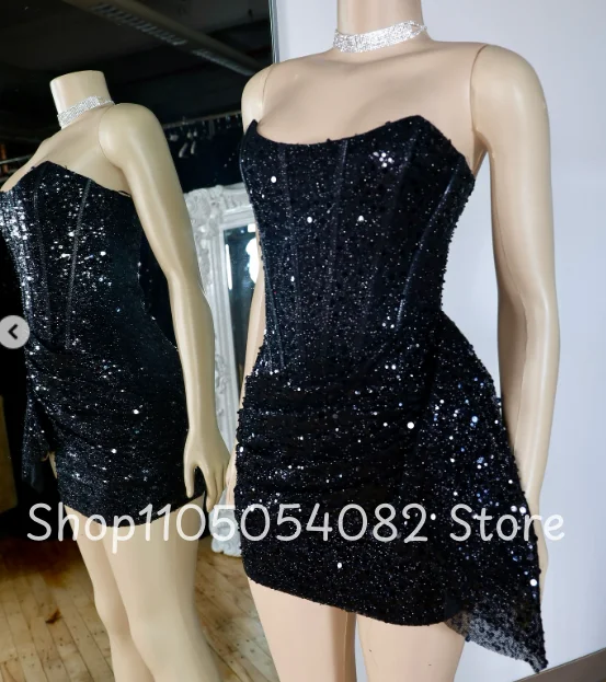 Curto preto sexy personalizado vestidos de baile sem alças sem mangas lantejoulas plissado mini festa de aniversário vestidos de noite