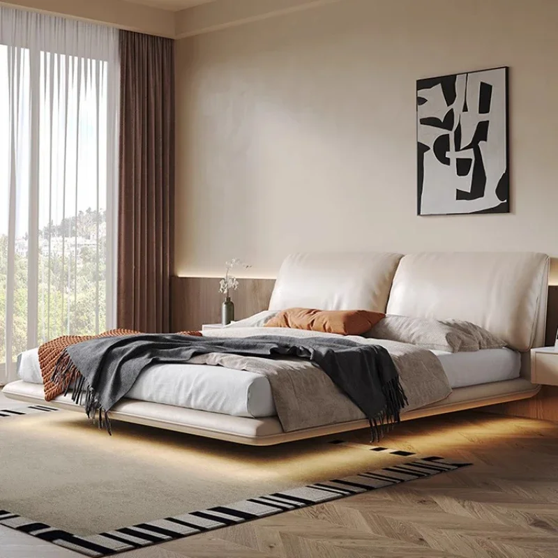 Light luxury minimalist suspension bed, modern simple full solid wood rib frame, cream style leather bed, master bedroom, soft