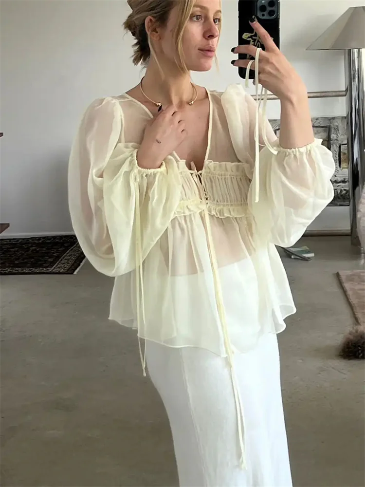 

Tossy Chiffon V-Neck See-Through Shirts Top For Women Ruffled Lace-Up Long Sleeve Summer 2025 New Blouse Female T-Shirts Top