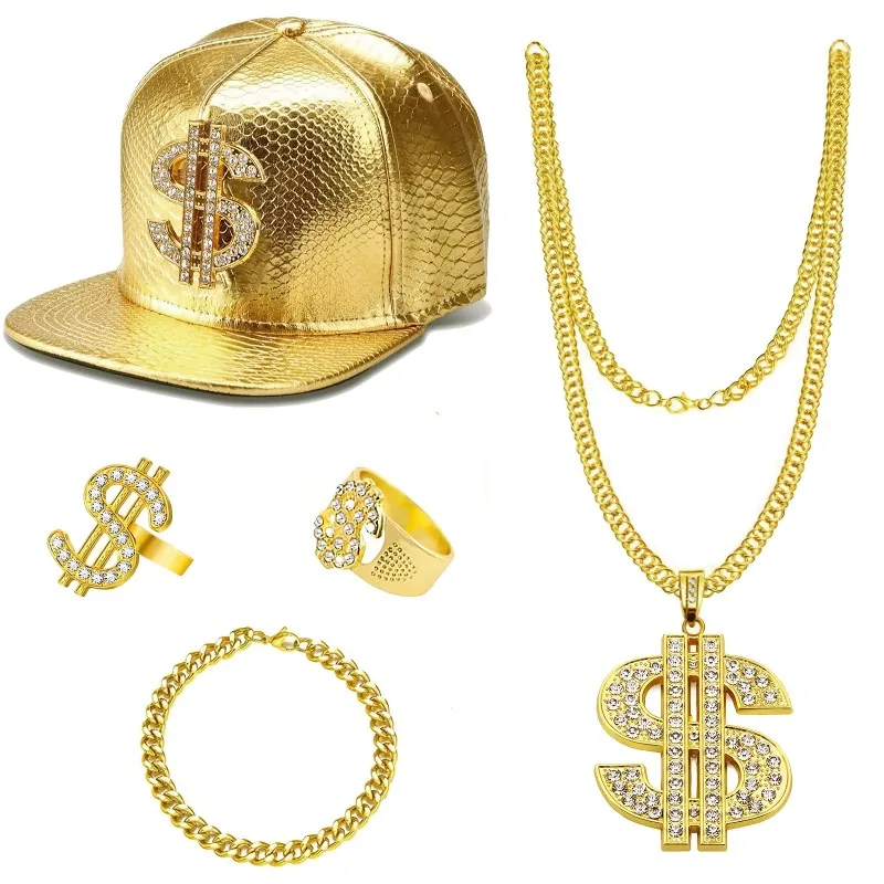 Juego de 5 piezas de cadena cubana de aleación de zinc, kit de gafas de sol, accesorio de disfraz de Halloween, decoración de estilo urbano moderno para hombre, look de fiesta.
