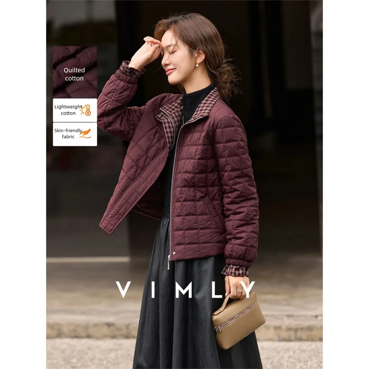 

VIMLY Women's Quilted Parkas Plaid Splice Stand Up Collar Short Lightweight Padded Jackets Loose 2025 Winter Women Clothes A3526