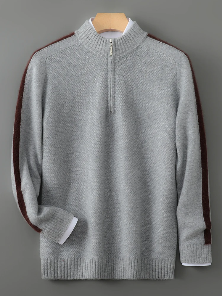 100% Merino Wool New Men Knitted Mock Sweater Zipper Color Blocking Pullover Autumn Winter Cashmere Clothing Business Top