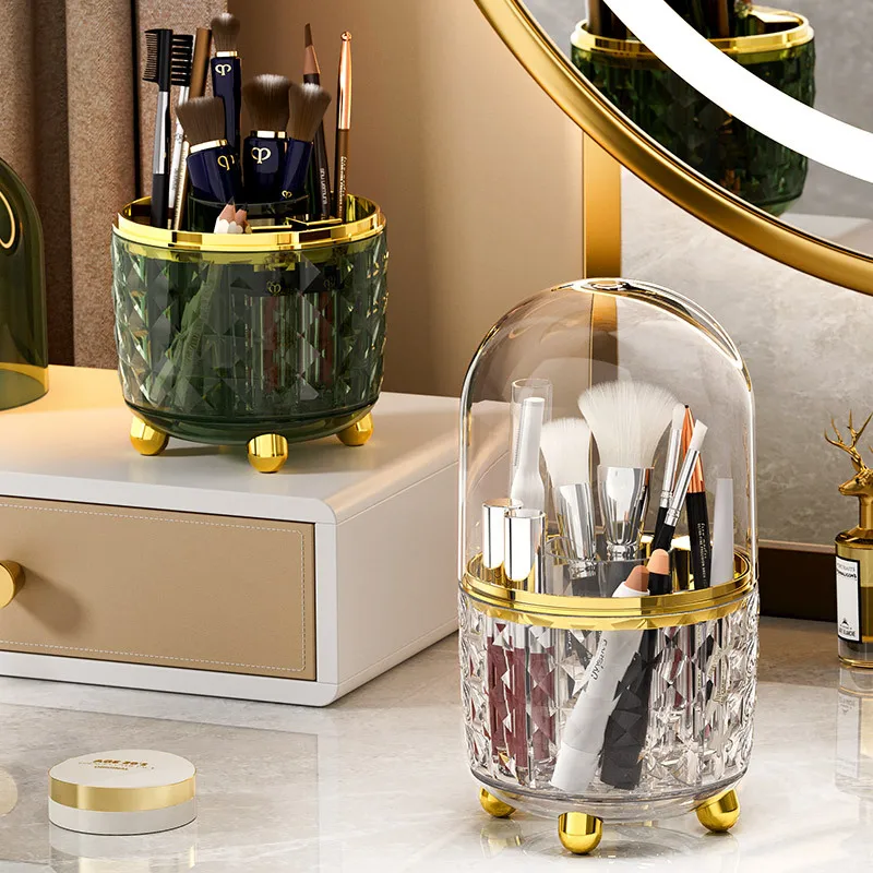 Light Luxury Makeup Brush, Rotating Storage Cylinder, Dresser, Desktop Cosmetics Storage Box, Dust-proof with Lid, Pen Holder.