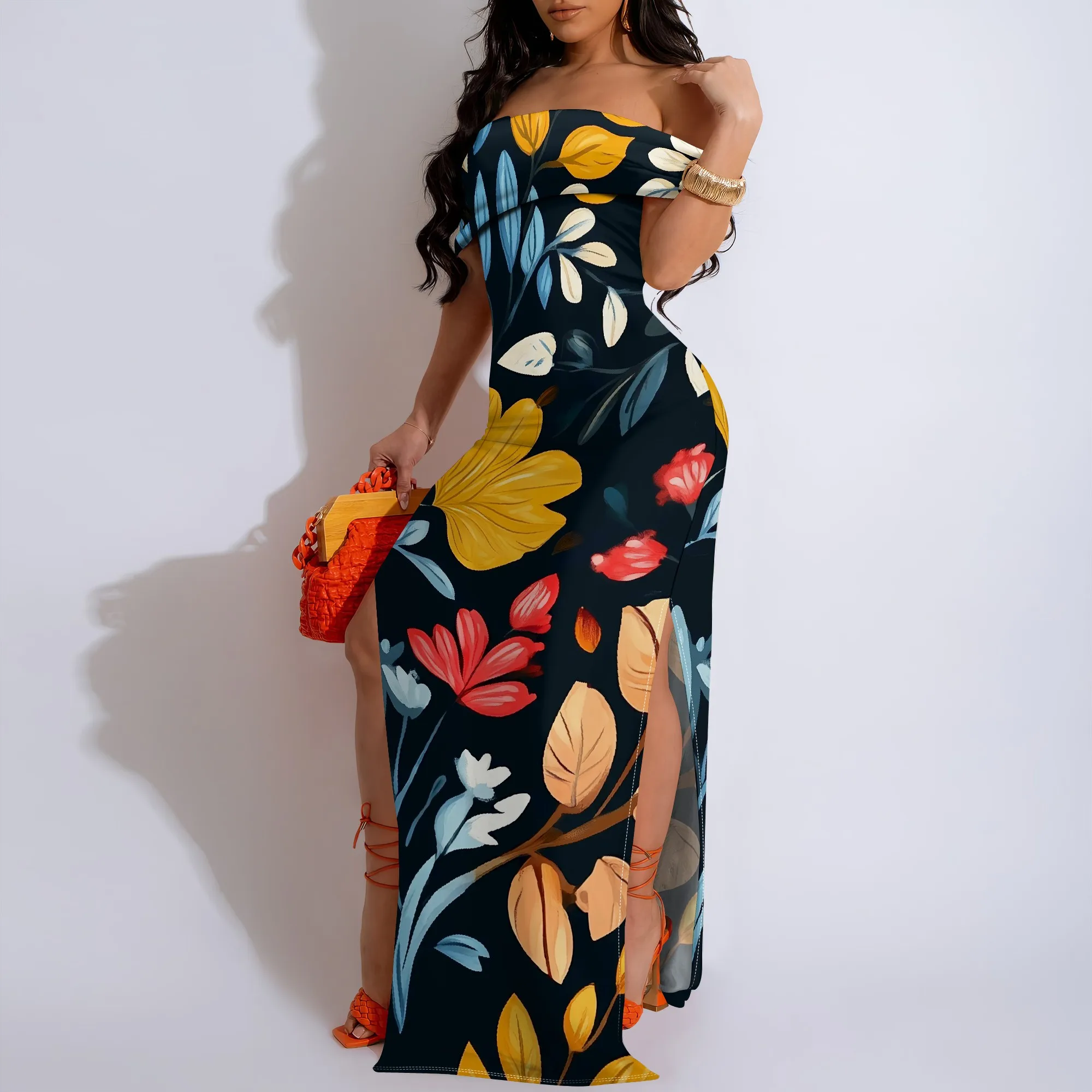 

Women's Summer Fashion Printed Short Sleeve Off-shoulder Splits On Both Sides Maxi Dress for Women Loose Casual Maxi Dress