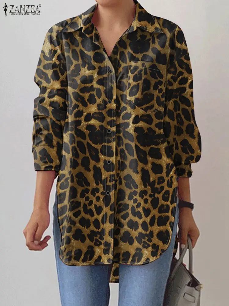 

ZANZEA Trendy Leopard Printing Women Shirts Oversized Lapel Neck Long Sleeve Button Up Rounded Hem Tops Fall 2025 Woman Clothing