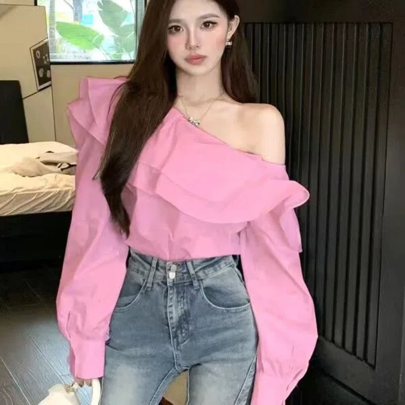 Ruffles Off Shoulder Trend Blouse Spring Summer New Solid Color Long Sleeve Temperament Short Shirt Tops Y2K Sexy Women Clothing