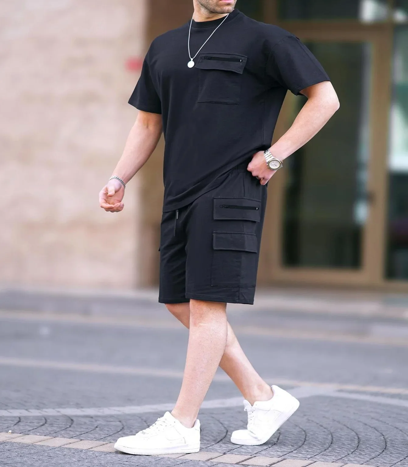 

Summer New Fashion Men’s Casual Solid Color 2 Piece Sets Short Sleeve O-neck T-shirts Multi Pocket Knee Length Shorts Male Sets