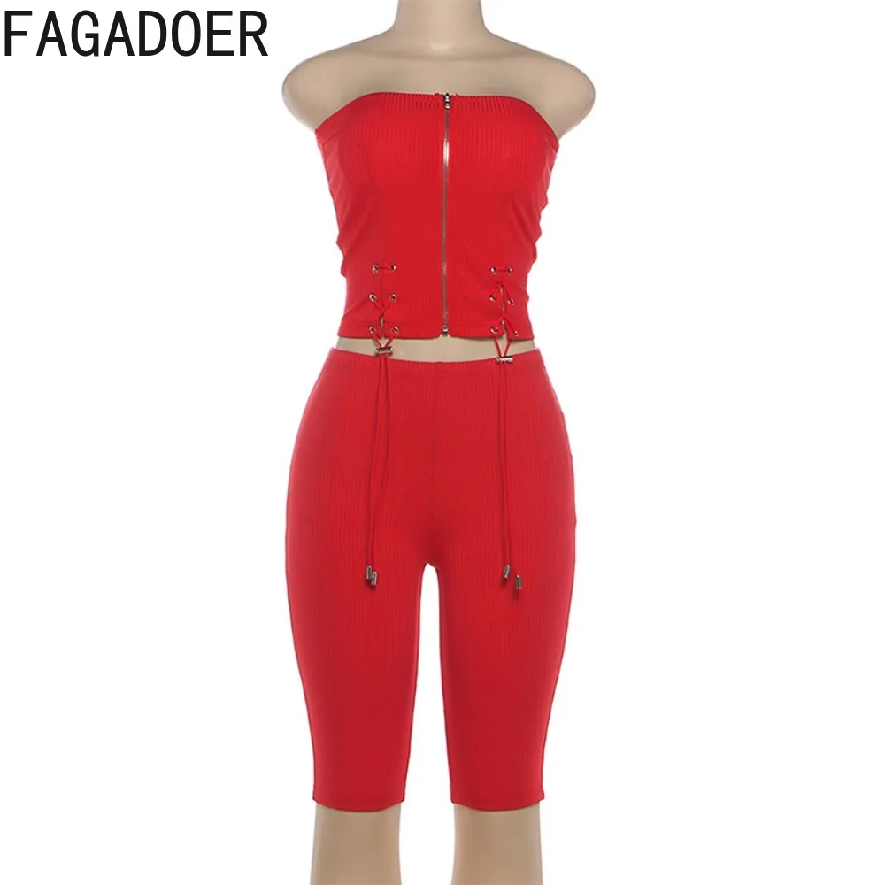 FAGADOER مثير الرباط المرقعة امرأة 2 قطعة مجموعة الزي البريدي أكمام عارية الذراعين المحاصيل الأعلى + السراويل مطابقة الإناث الشارع الشهير #5
