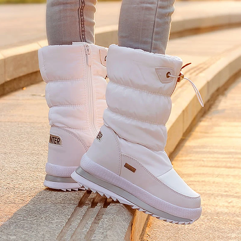 Winterschoenen Warm Pluche Mid-Calf Laarzen Waterdichte Rubberen Antislip Platform Snowboots Dames Plus Maat 42 Witte Dameslaarzen