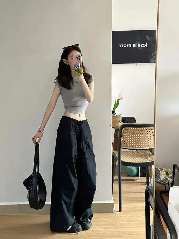 

American Retro Work Pants Women's Loose Wide Leg Casual Sports Trousers High Waist Slimming Spring Summer New Style