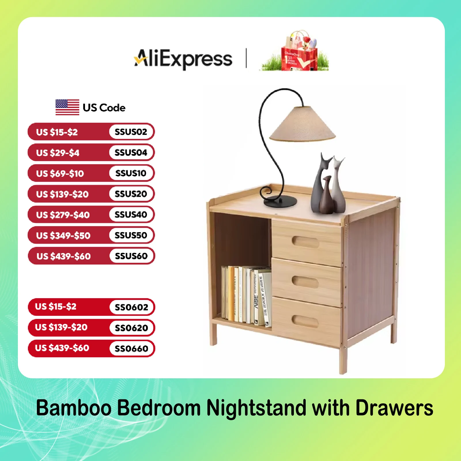 

Bamboo Bedroom Nightstand with Drawers Living Room Bedside Table Sofa Side Stand Cabinet Storage Primary Color Space-saving