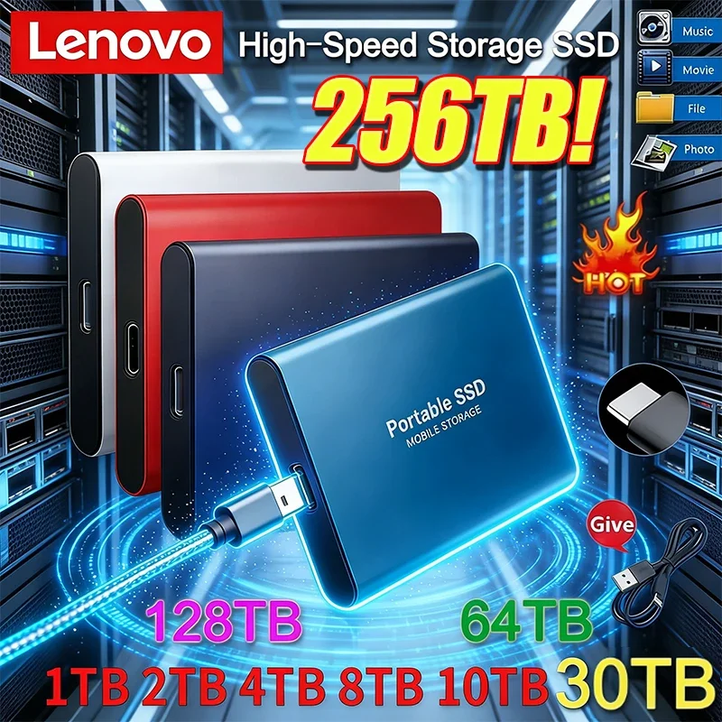 

Внешний твердотельный накопитель Lenovo 1 ТБ, 2 ТБ, 256 ТБ, высокоскоростной жесткий диск USB 3.1, портативный SSD 128 ТБ для ПК/ноутбука/Mac/телефона