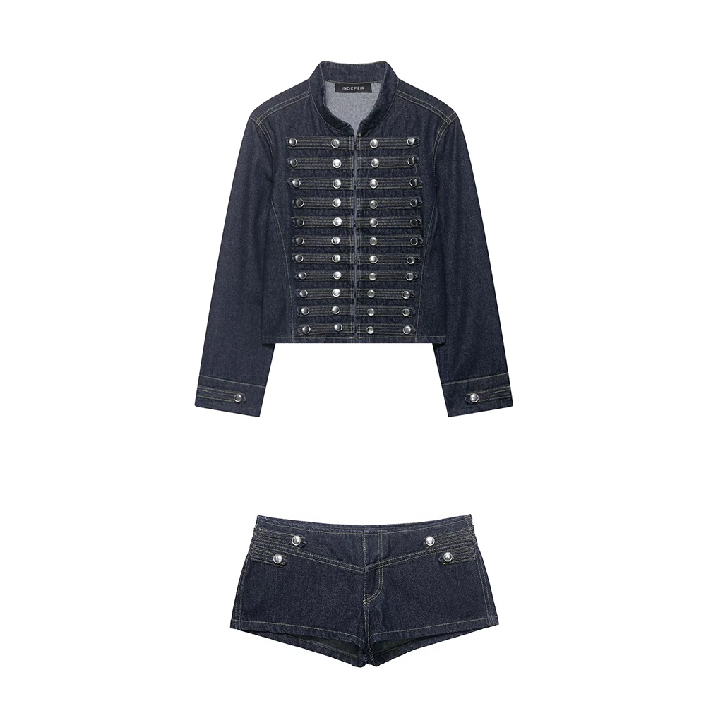 European and American style 2026 summer new women's clothing design sense close fitting denim jacket low waist shorts set