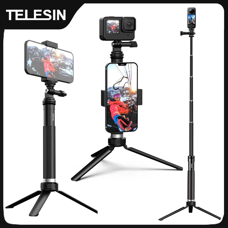 TELESIN For GoPro Selfie Stick 360° Rotation Foldable Tripod Phone Holder Aluminum Alloy Monopod for DJI Insta360 Smartphone