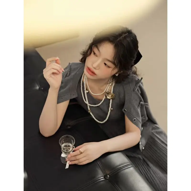 Korejpaa Casual Cardigans Dress Sets Women Korean Fashion Bow Knitted Cardigan Top+sleeveless Slim Waist Pleated Dresses