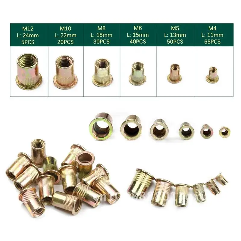 210/165/100 Uds caja tuercas de remache de acero al carbono M4 M5 M6 M8 M10 Hardware varios tamaños M12 tuercas de cabeza de remache juego de insertos de tuercas de remache planas