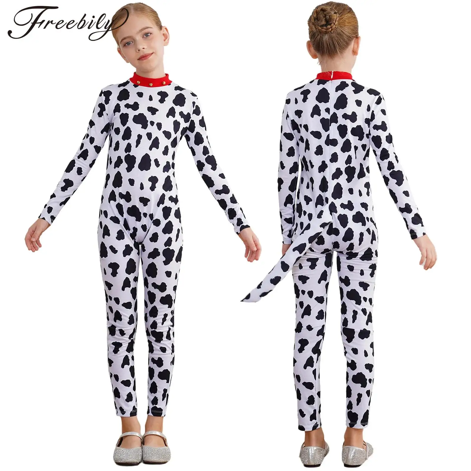 Kids Girls Boys Halloween Dalmatian Costume Long Sleeve 3D Tail Jumpsuit Animal Cow Print Bodysuit Carnival Theme Party Outfits