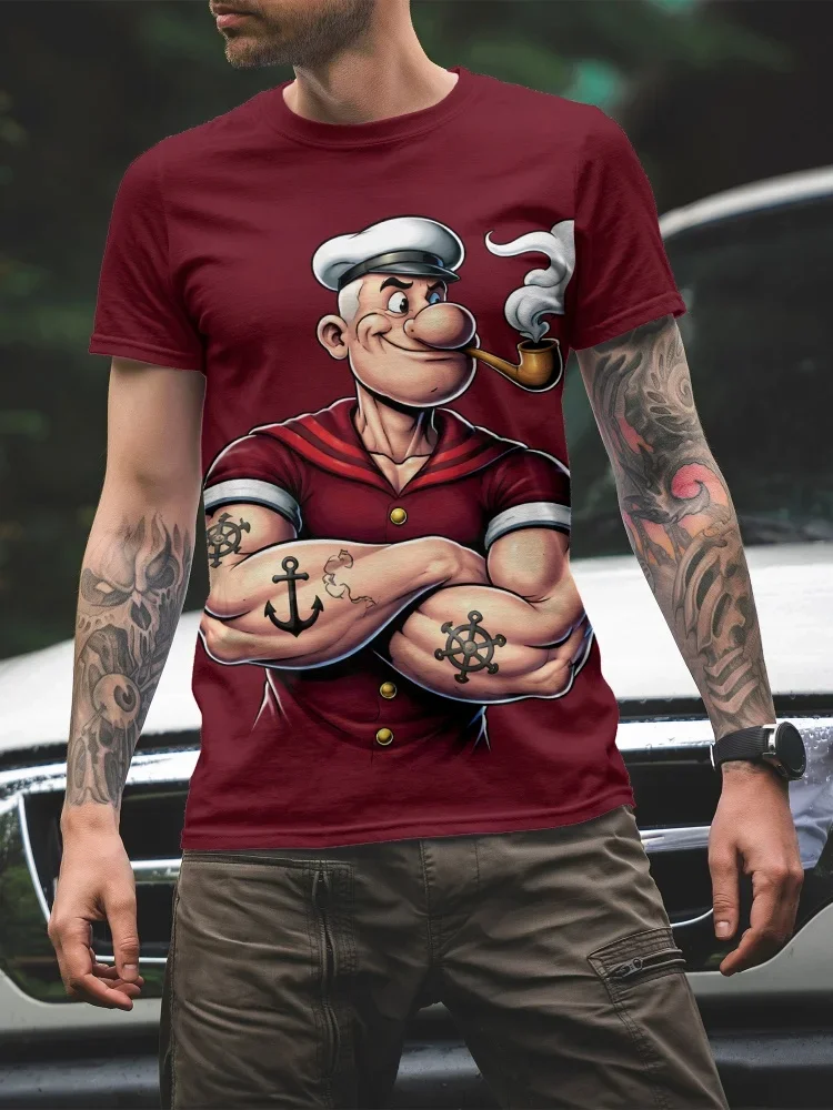 Camiseta de Manga Corta para Hombre, Diseño Gráfico de Popeye el Marinero, Cuello Redondo, Estilo Retro, Informal, para Uso Diario