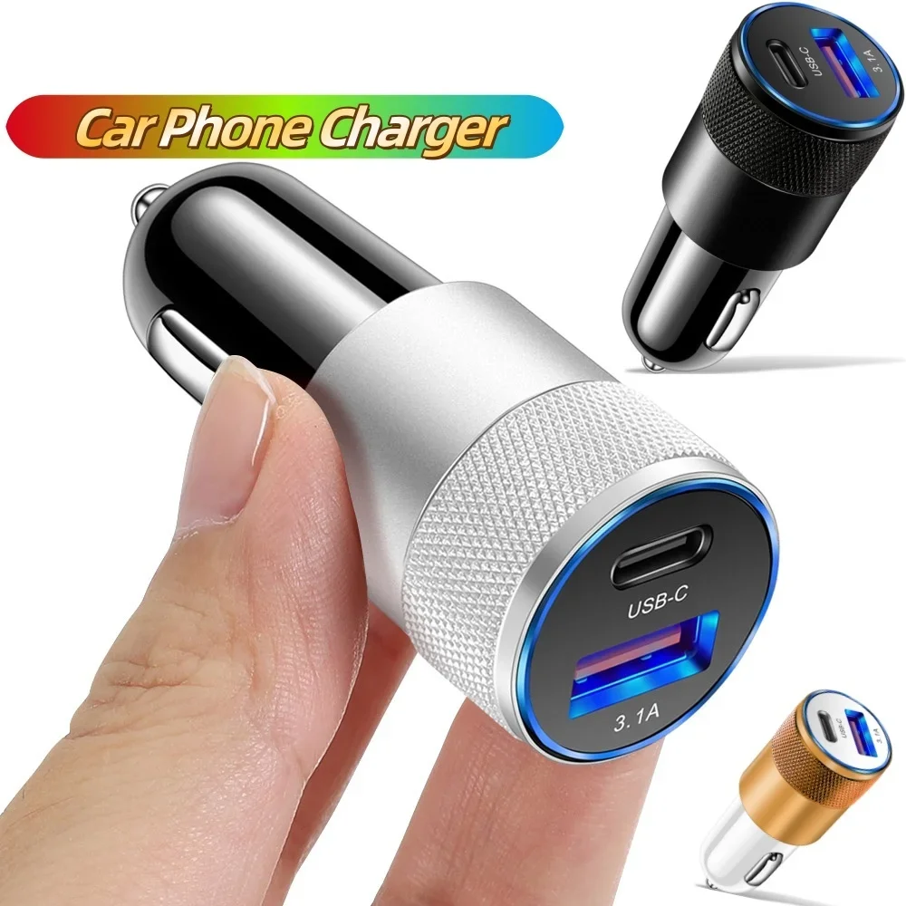 3.1A Dual Ports USB Car Charger Type C Fast Charging Phone Adapter PD Phone Charger Adapter Socket Cigarette Lighter For Xiaomi