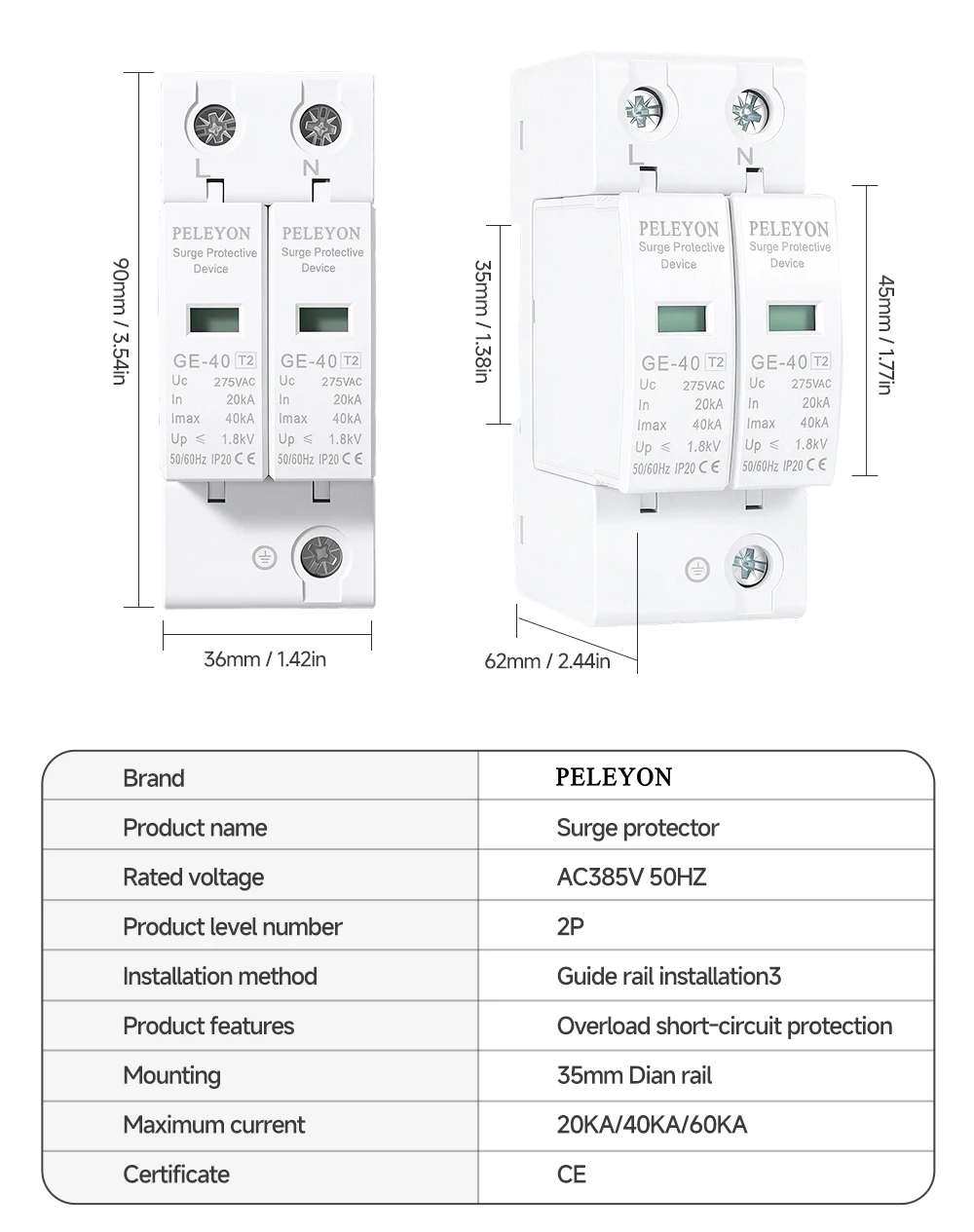 20KA~40KA 10KA~20KA 2P AC275V/AC385V Blitzschutzgerät Überspannungsschutz SPD Ableiter mit PE-Haussicherung für Elektrizität – Detail 7