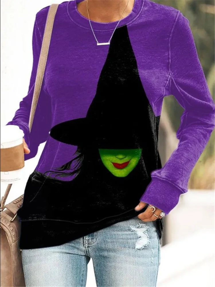 Plus-size Hoodie Round Neck Print Halloween Magic Wicked Witch Lady Casual Long-Sleeved Hoodie Loose Comfortable Women's