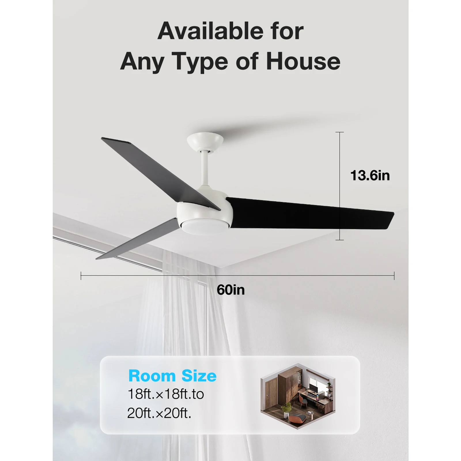 مراوح سقف 60 بوصة (3 شفرات) مزودة بإضاءة وجهاز تحكم عن بعد