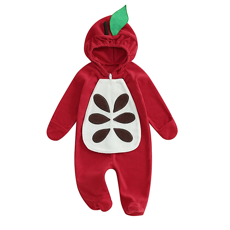 Baby Girls Boys Footies Romper Apple Shaped Hooded Long Sleeve Jumpsuits Fall Casual Clothes Infant Bodysuits