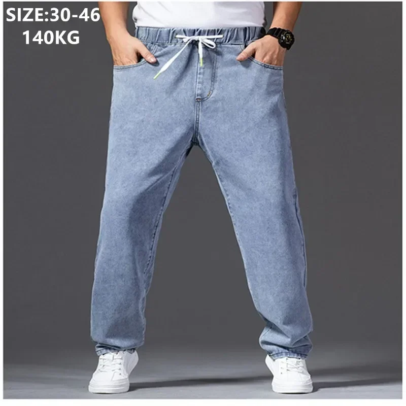 

Wide Leg Plus Size 46 44 42 Blue Straight Spring Jeans Men Elastic Waist Autumn Male Loose Gray Oversized Pants Denim Trousers