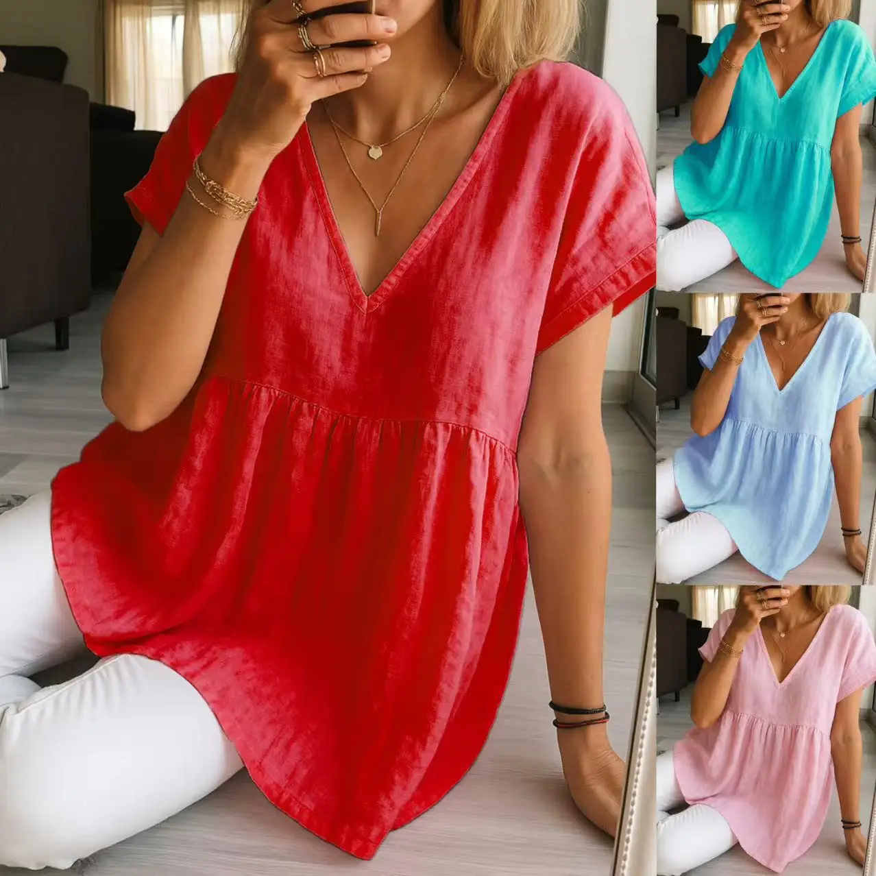 

Summer Autumn Women's T-shirt Casual Short Sleeve Shirts Cotton Linen Pullover Pleated Top For Women Blouses Femme blusas mujer