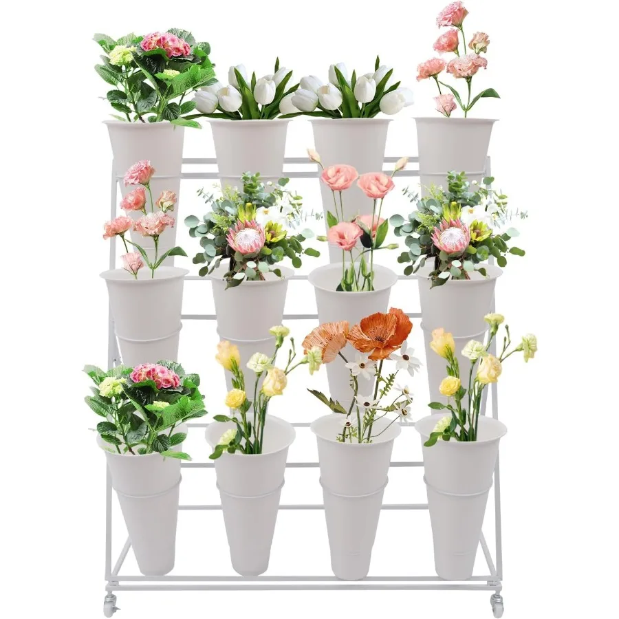 3-poziomowy stojak na kwiaty z 12 wiadrami i kółkami do użytku wewnątrz i na zewnątrz, wytrzymały wózek na rośliny z solidną konstrukcją