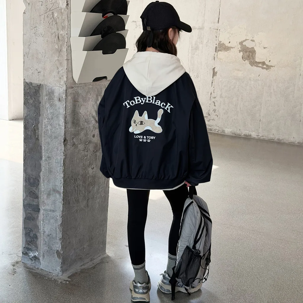 Cool Girls Hooded Jacket Autumn Cartoon Cat Letter Print Zip Up Casual Children Coat