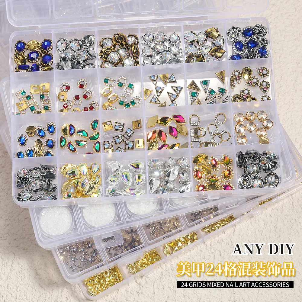 CHUNSHU 24 Grid Nail Art Decorations Mixed Retro Gold Silver Gem Metal Zircon 3D Nail Charms Luxury Planet Diamond Manicure 3